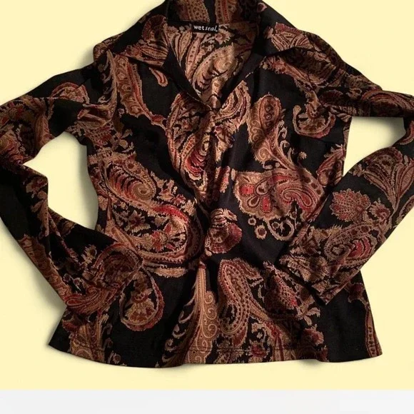 VINTAGE WET SEAL Y2K 90s Paisley Top Long Sleeve V-Neck Collared Black Brown S - Picture 6 of 6